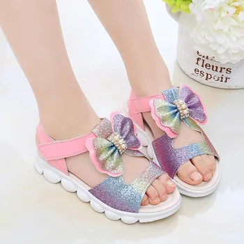 

Girls Sandals Kids Princess Shoes Rubber Sole Soft Princess Children Summer Beach Sandals Butterfly-knot Pearl Beading Sweet New