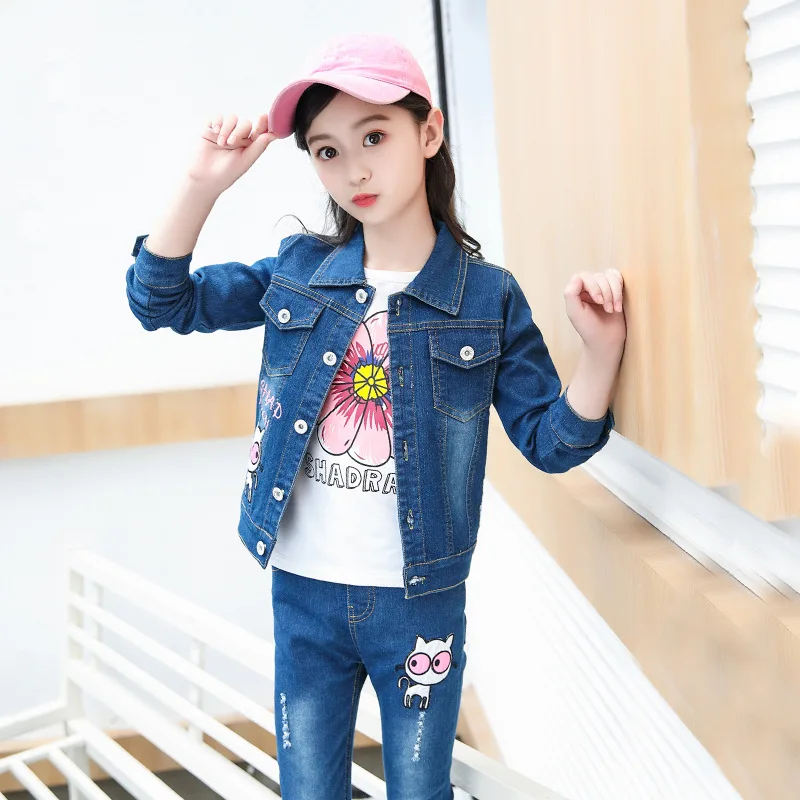 

Childrenswear 2019 Autumn New Style Girls Big Boy Korean-style Embroidered Letters Cat Denim Suit