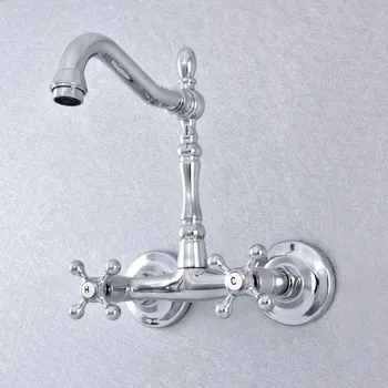 

Silver Color Polished Chrome Brass Wall Mounted Bathroom Kitchen Sink Faucet Swivel Spout Mixer Tap Dual Cross Handles msf785