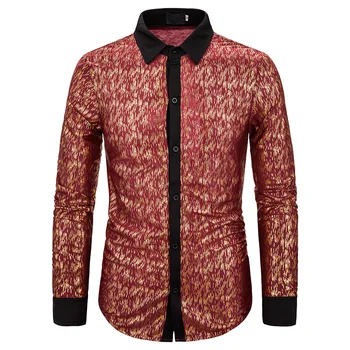 

Red Bronzing Nightclub Shirt Men 2019 Brand New Long Sleeve Slim Fit Mens Dress Shirts Hip Hop Streetwear Casual Shirt Male
