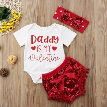 

Newborn Infant Baby Girls Tops Romper Bowkont Shorts Sequins Outfits Set 2020 New daddy's little valentine cute gilrs outfits