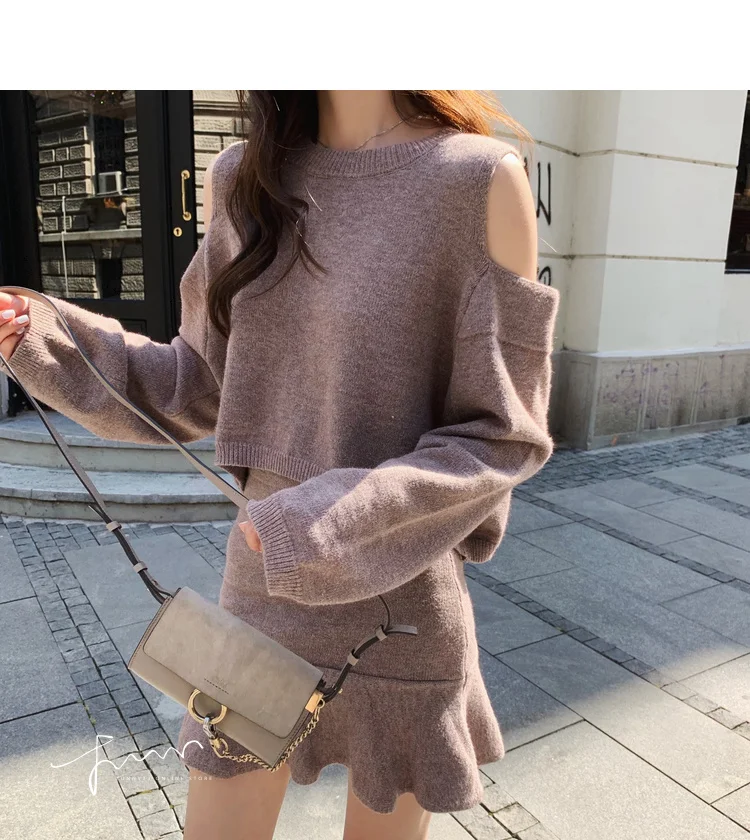 Autumn Elegant Ladies Women Fashion Loose Sexy Hollow Out Off Shoulder Pullovers Sweater+Mini mermaid Skirt Suits