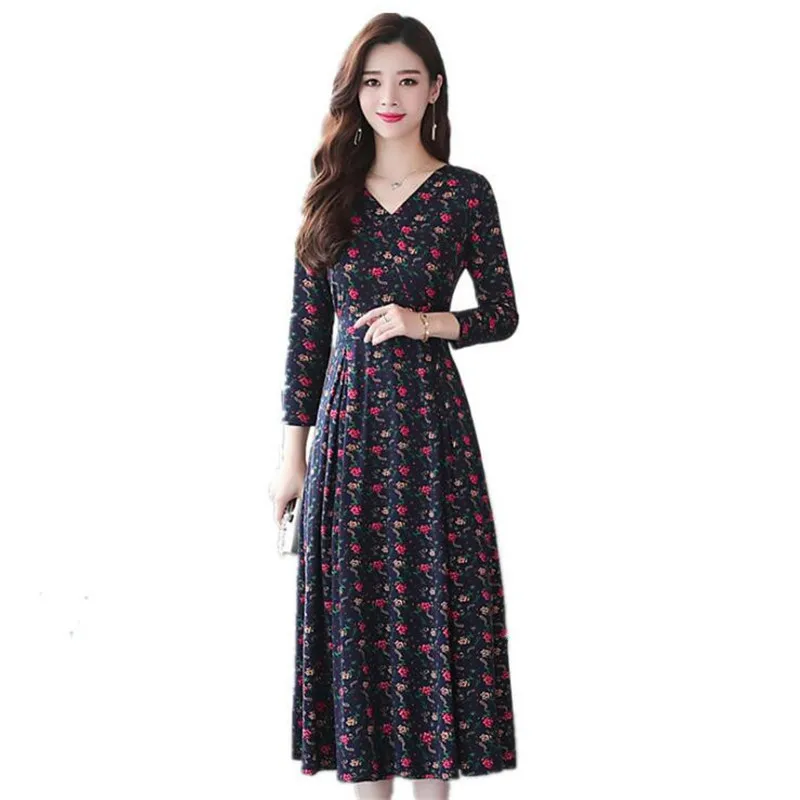 

Vintage Floral Print Cotton Linen Dress Casual A-line V Neck Long Sleeve Spring Summer Women Dress
