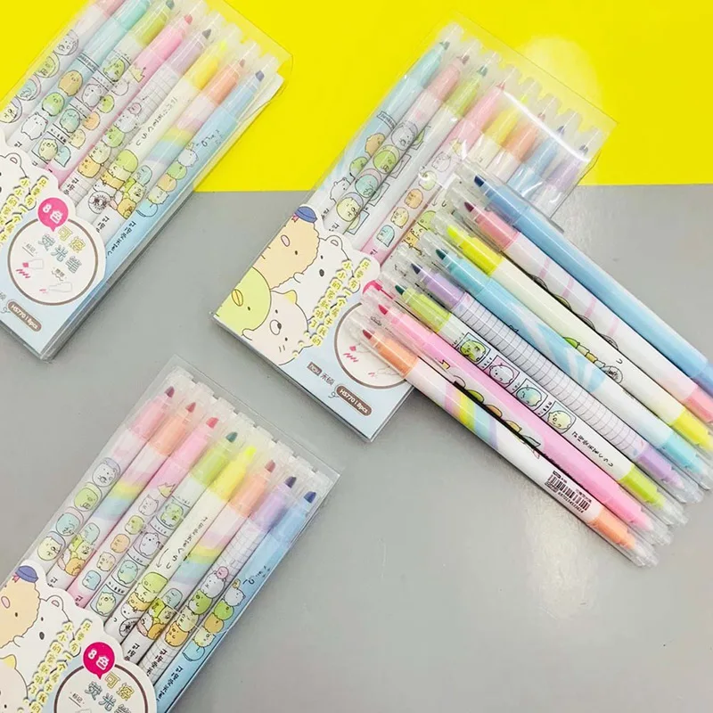 

8Pcs/Set Fresh Cartoon Erasable Color Highlighter Pen Set Student Fluorescent Marker Liner Drawing Tool Office School Supplies