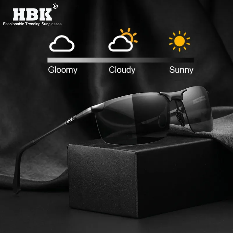 

HBK Men Sports Polarized Photochromic Sunglasses Rectangle Intelligent Color Change Aluminum Sun Glasses Summer Driving Goggles