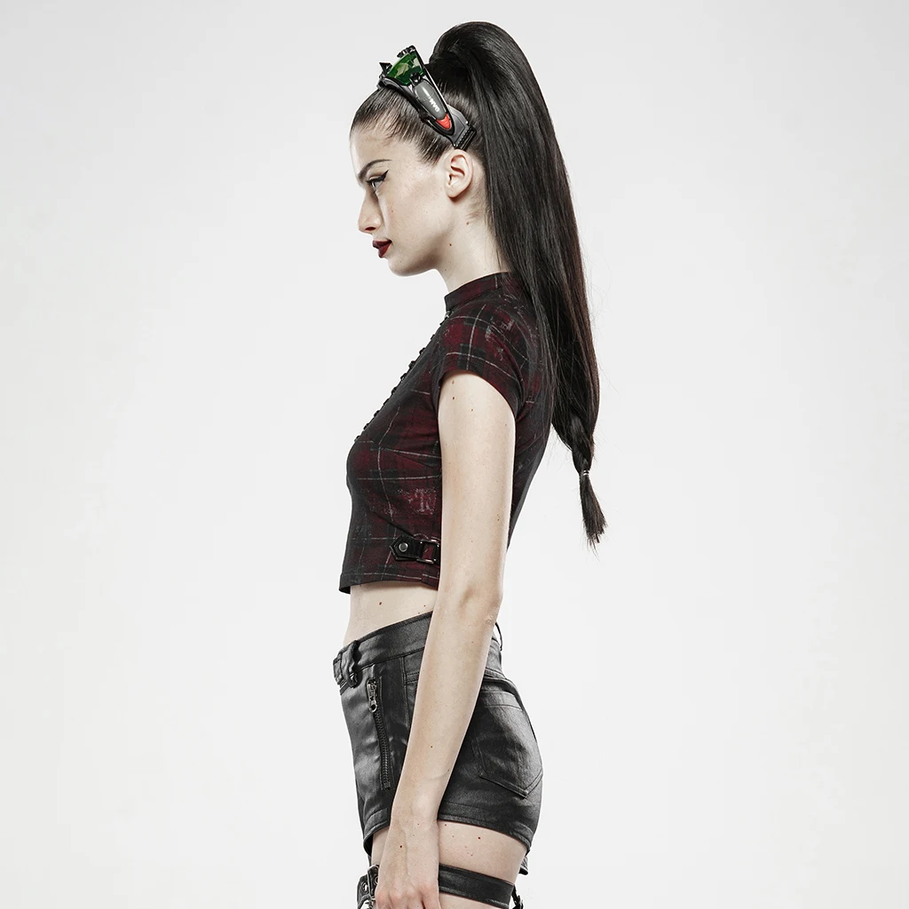 PUNK RAVE Women Hollow-out Strap Short-sleeved T