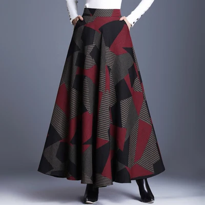 Женская юбка трапециевидной формы элегантная Геометрическая эластичная талия Длинная шерстяная макси юбка теплая осенне-зимняя женская юбка-зонтик большого размера - Цвет: Красный