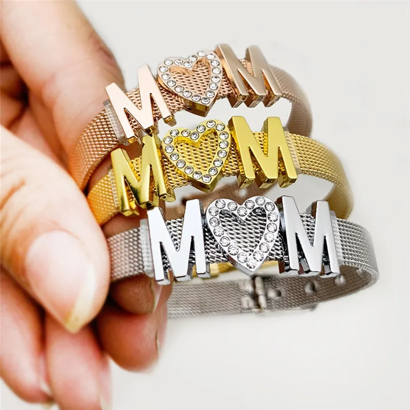 

Pinksee New Fashion Ladies Stainless Steel Mesh Bracelet Crystal MoM Fine Bangle for Mother's Day Gifts
