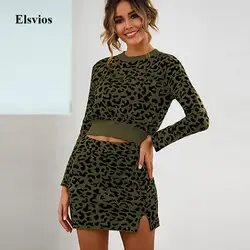 Elsvios/женские леопардовые комплекты из двух предметов осенне-зимние топы с длинными рукавами и облегающая трикотажная Мини-юбка с разрезом