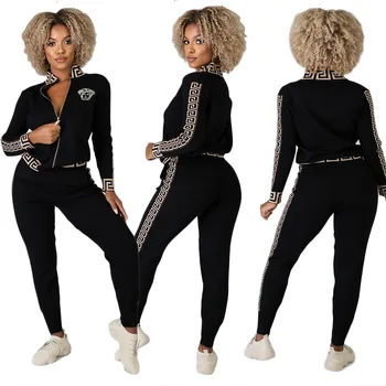 

Women's Sports Suit Two-piece Suit Europe and the United States Street Clothing Women's Black Sportswear Sports Two-piece Suit