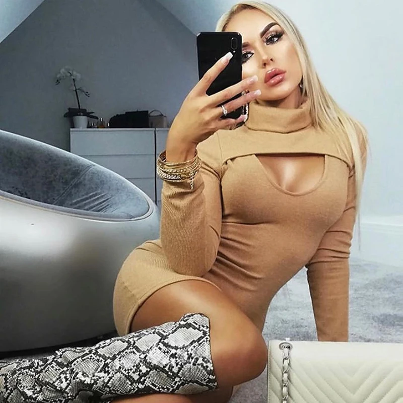 WannaThis спереди выдалбливают Bodycon платья с длинным рукавом Высокий воротник отверстие тощий Осень Весна Новые черные трикотажные мини платья сексуальные