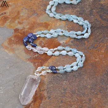 

Natural White Quartz Freeform Point Pendant Aquamarines Lapis Stone Chip Beads Knotted Necklace Women 108 Prayer Beads Necklace
