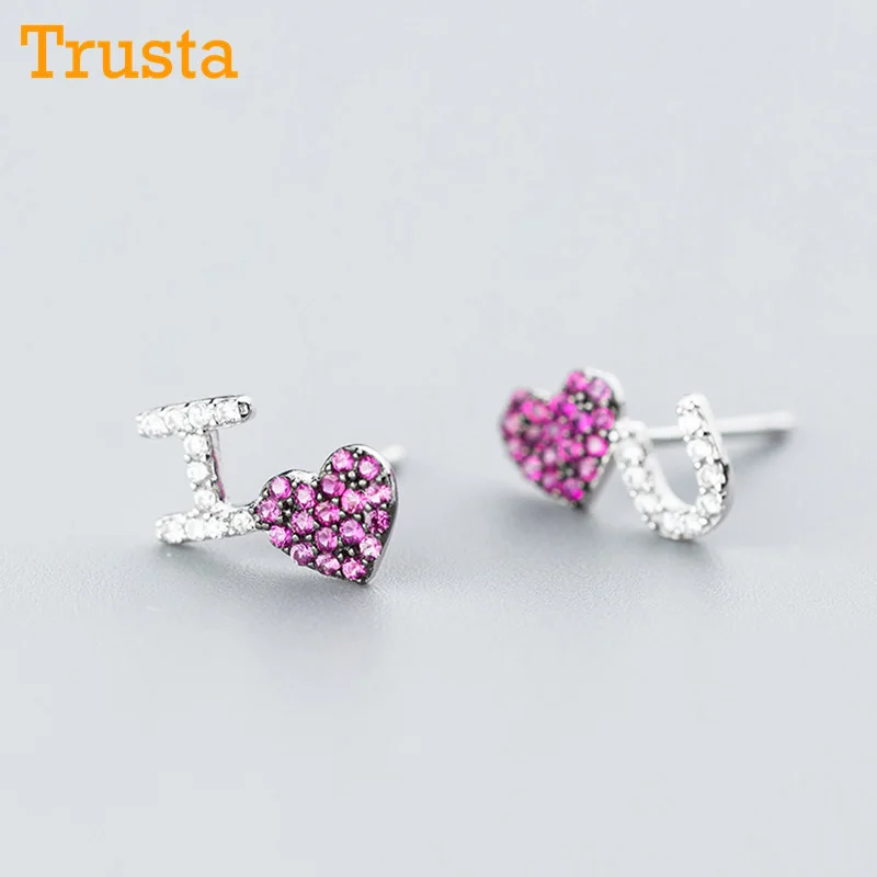 Trusta 925 пробы серебряные модные серьги-гвоздики I Love You с фианитами 11 мм X 7 мм подарок для школьниц и дочек DS677