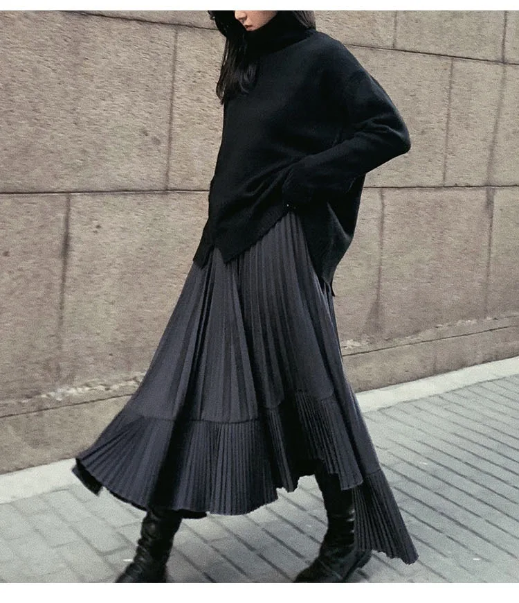 Fashion Grey Long Skirt Asymmetric Women Maxi Tulle Skirts High Waisted Autumn Winter Cotton Ruffle Skirt Bottoms