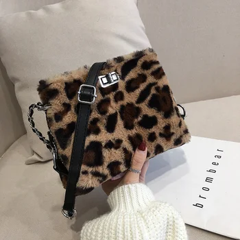 

2020 Winter New Female Bag Plush Female Bag Leopard Print Bag Lady Shoulder Bag Fashion Casual Messenger Bag Chain Female Bag