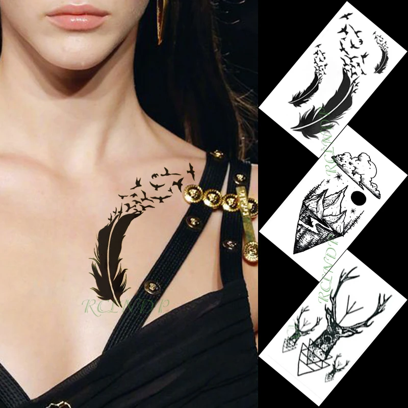 Waterproof Temporary Tattoo Sticker Feather Bird Mountain River Sun Forest Deer Tatto Flash Tatoo Fake Tattoos For Women Men Kid Temporary Tattoos Aliexpress