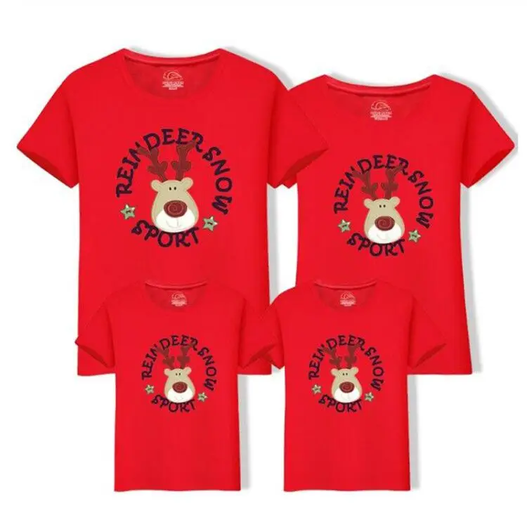 Семейный комплект с рисунком оленя; летняя футболка с рождественским оленем; коллекция года; одинаковые комплекты для семьи; футболка; Модная хлопковая детская одежда - Цвет: Red