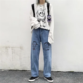 

Harajuku Jeans Women Fashion Cartoon Printed Jeans Loose High Waist Trousers Cotton Vintage Wide Leg Pants Street Clothing