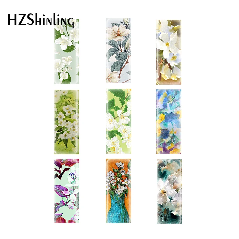 

10 pcs 10*25mm Spring jasmine Floral Paintings Rectangular Glass Cabochons Jewelry Findings & Components Semi Finished Jewelry