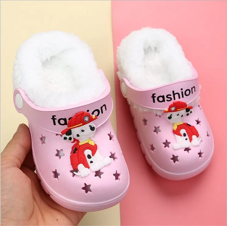 Kitty Snow White Girl Winter Clogs Warm Fur Children's Indoor Shoes Home Hole Mules Navy Cute Pins Sandal EVA Flat Boy Shoes