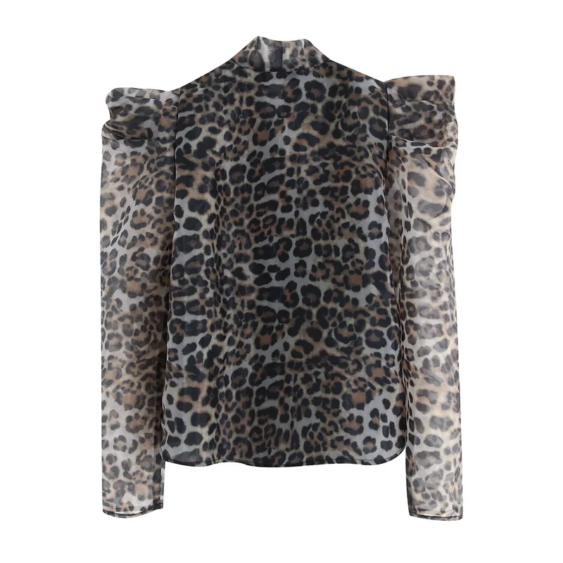 Популярная женская леопардовая блузка, прозрачная рубашка, воротник-бант, длинный рукав-фонарик, модная Женская Новинка, одежда, топы