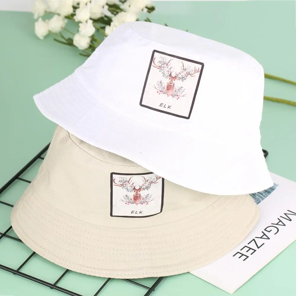 

Summer Women Bucket Hats Men Elk Print White Sun Cotton Unisex Fishing Flat Fisherman Hat Children Large Sunscreen Cap
