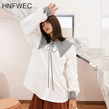

Korea can ship Cotton hit color tie turn down collar white Shirt for women 2020 spring new Long Sleeve vintage tops V104