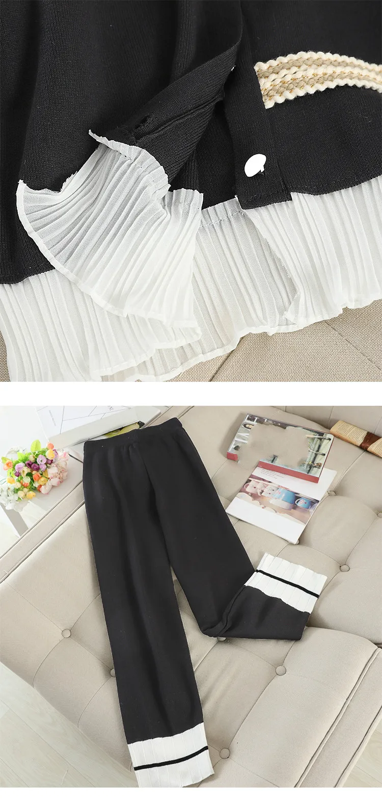 Neploe Women Two Pieces Knitted Suits Korean Sweater Cardigan+ Wide Leg Pants Ruffle Patchwork Sweet Fashion Elegant Sets 55922