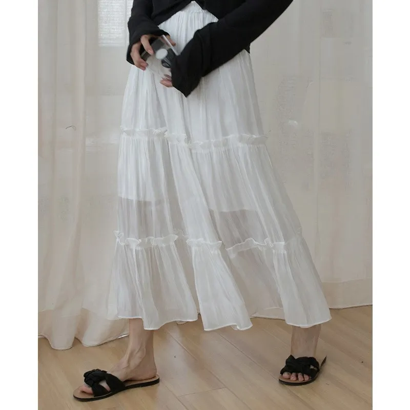 Spring Summer Solid Blue White Cake Layered Skirts Sweet Ruffles Chiffon Pleated Long Skirts High Waist A-Line Skirts