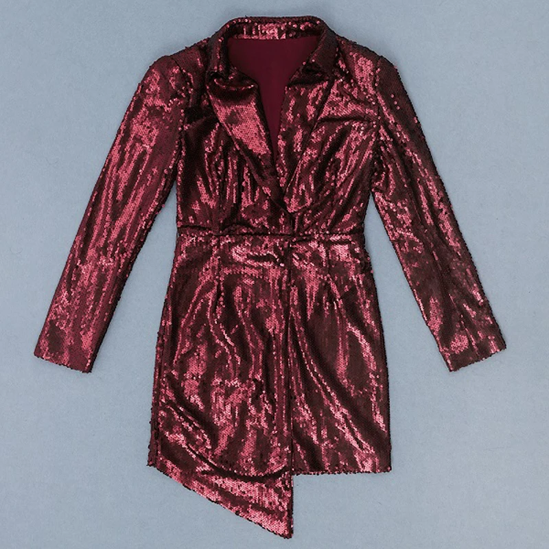 wine red Новинка, стильное модное платье с длинным рукавом и пайетками, сексуальное платье с v-образным вырезом и поясом, дизайнерское повседневное вечернее платье, женское осеннее платье - Цвет: wine red