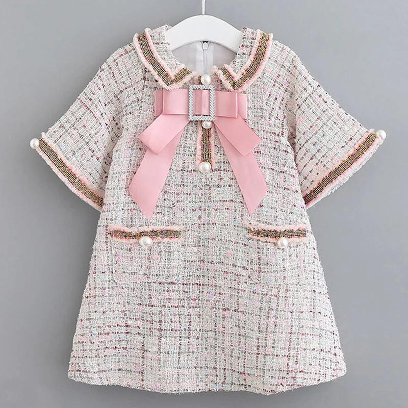 Платье для девочек; сезон весна-осень; бренд; элегантные костюмы с жемчугом; одежда для детей; милое платье для девочек; платья принцессы с бантом