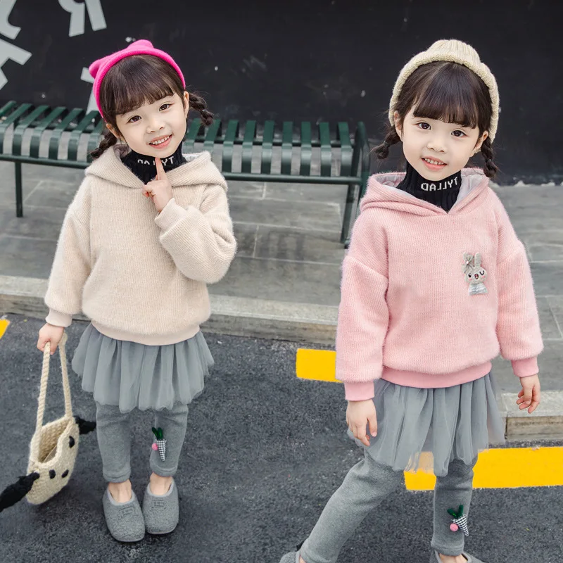 

Childrenswear 2019 Autumn & Winter Girls Golden Fleece Rabbit Eared Hoodie Culottes Two-Piece Set Baby Set