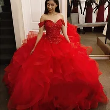 Роскошное бальное платье красное платье Quinceanera с плеча бисерный поярусный платье, сделанное на заказ Vestidos de graduacion largos