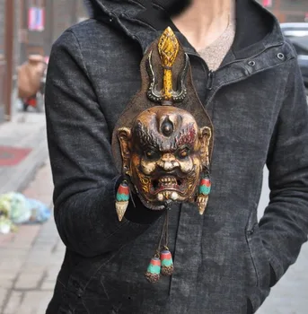 

wedding decoration 9"Tibet Cowhide Bronze Painted turquoise Mahakala Buddha head mask Wall hanging New Year