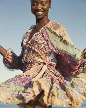 

High Quality Runway Designers Dress 2020 Women Summer Elegant V-neck Long Sleeve Ruffles Patchwork Chiffon Dress