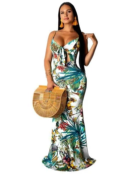 

Tropical Print Mermaid Long Beach Dress Lace Up Cut Out Beach Cover Up Women Tunic Beach Wear Swimsuit Cover Up Party Dress
