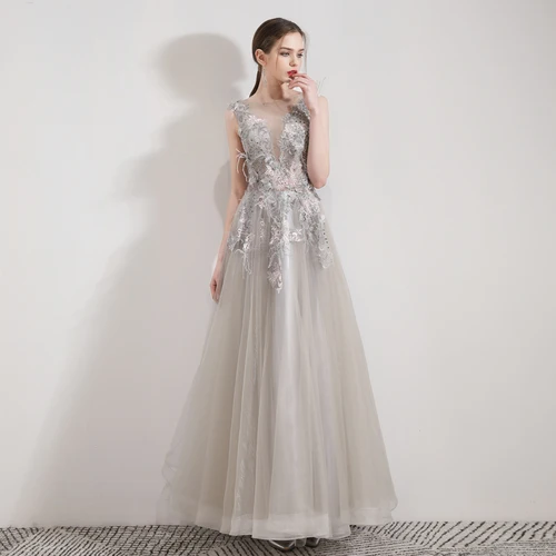 SSYFashion новая Банкетная элегантный серый вечернее платье с кружевом и вышивкой перья блёстки длинное платье для вечеринки, официального приема Vestidos De Noche - Цвет: Серый