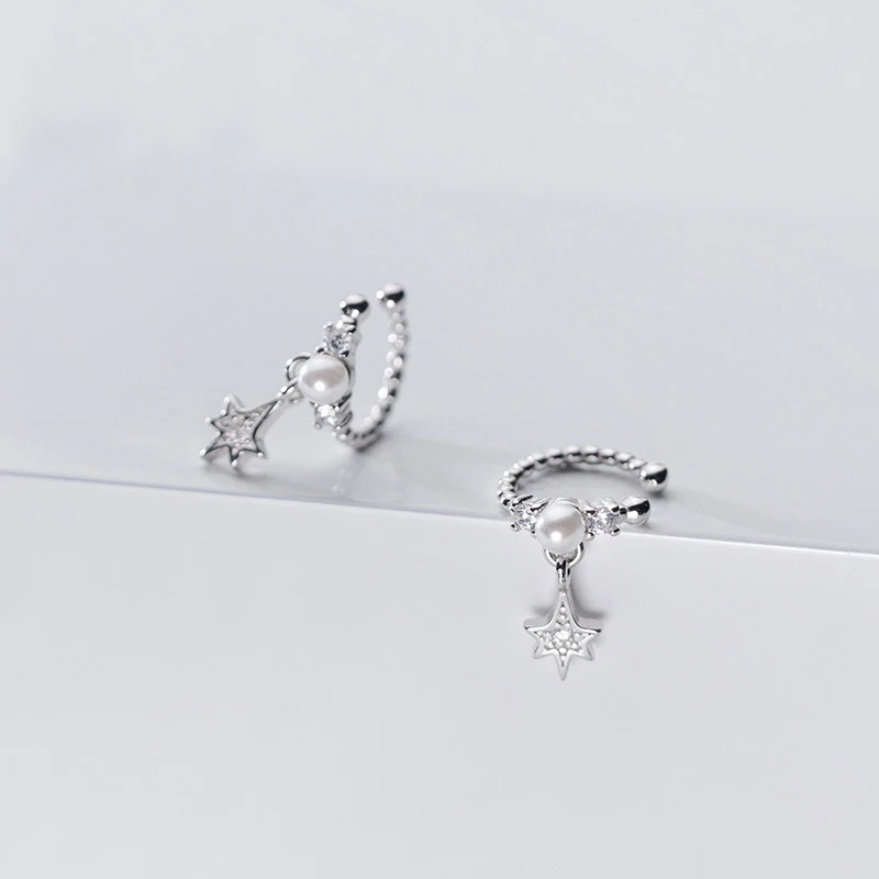 

100% Real 925 Sterling Silver Pearl and Star Ear Cuff Earrings Twisted Non-Pierced Cartilage Earrings for Women Fine Jewelry