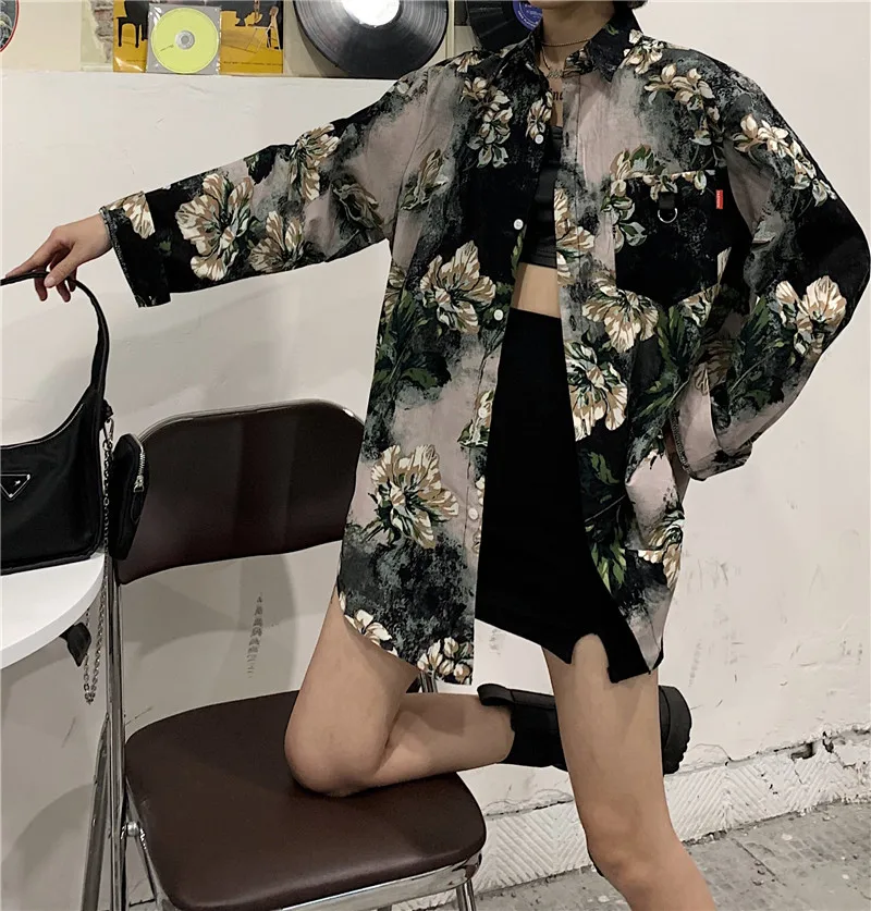 DARK 2020 Autumn Korean Ins Harajuku Self-collar Tie Retro Oil Painting Long-sleeved Shirt Men And Women Autumn Jacket