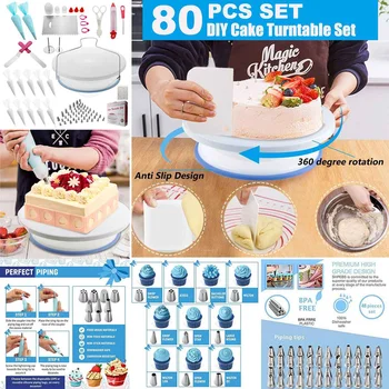 

80Pcs/Set Cake Turntable Set Multifunction Cake Decorating Kit Pastry Tube Fondant Tool Kitchen Dessert Baking Supplies Party