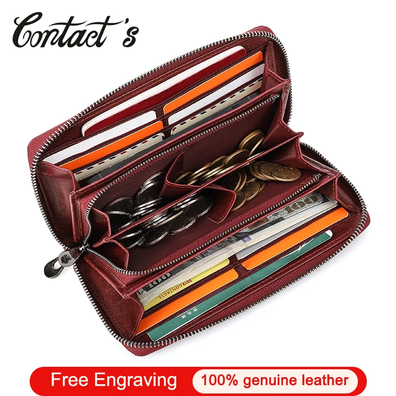 Cartera de cuero genuino con grabado de nombre de contacto para mujer, carteras largas de gran capacidad con cremallera, monedero, Bolsa porta tarjetas Rfid