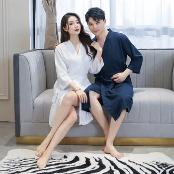 

Spring Summer Bathrobe Women's Couples Robe Men's Women's Summer Three-quarter-length Sleeve Korean-style Bathrobe Home Wear