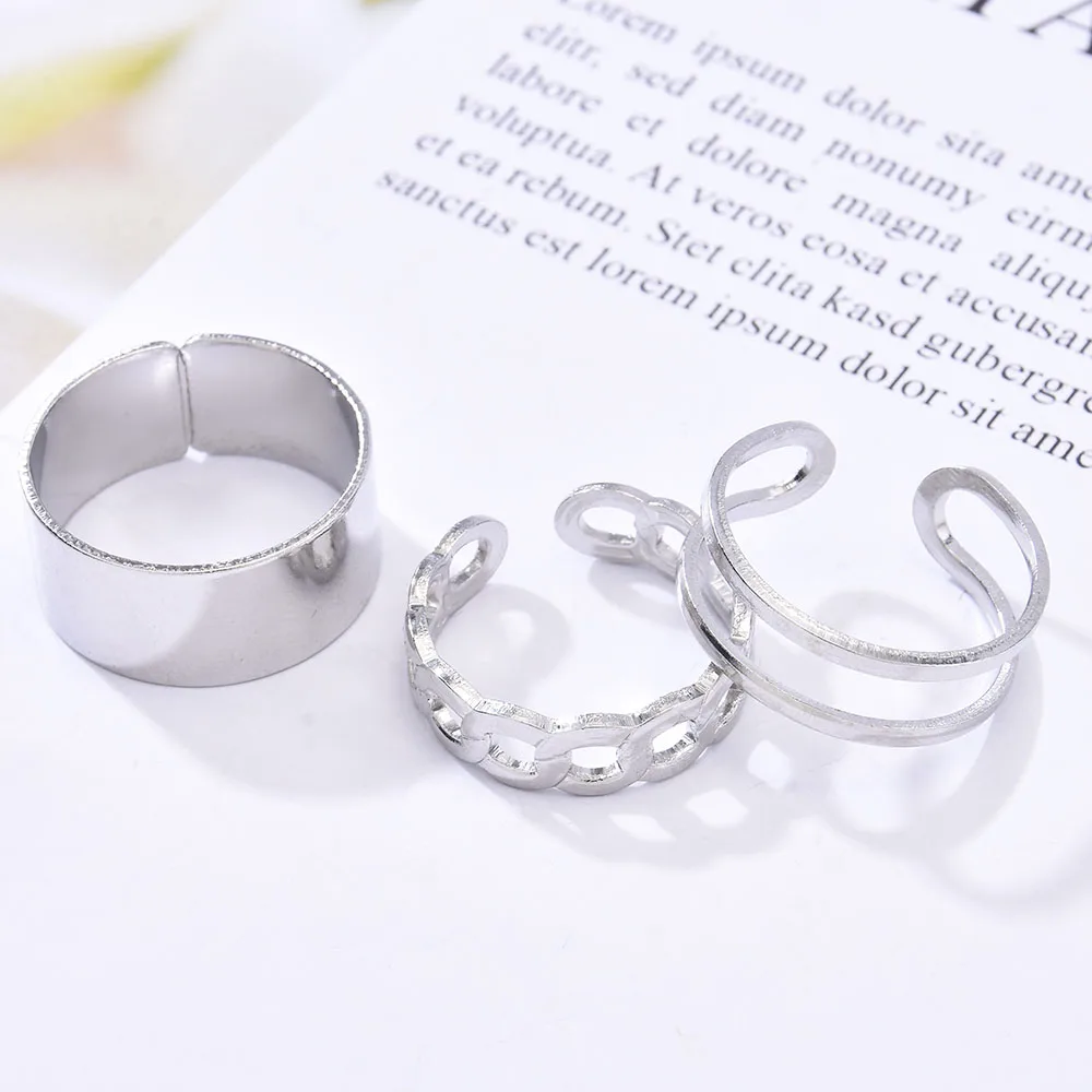 3pcs Hip Hop Punk Open Ring Men Women Jewelry Party Accessories Goth Ring Personality Three Finger Conjoined Chain New Trend