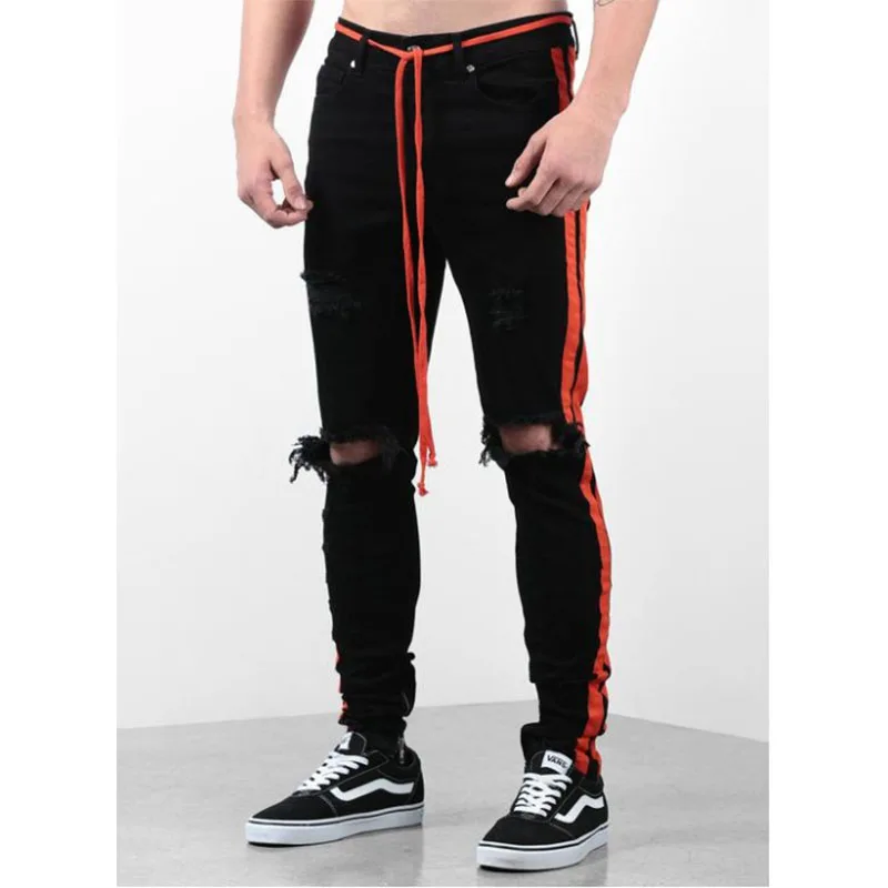 

CYXZFTROFL New Men's Hole Small Feet Jeans Embroidered High Quality Social Trend Jeans Stretch Hollow Tight Webbing Jeans