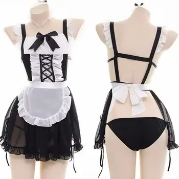 

Women Temptation French Maid Cosplay Lingerie Set Hollow Out Backless Ruffles Bowknot Apron Dress with Briefs Babydoll Nightwear