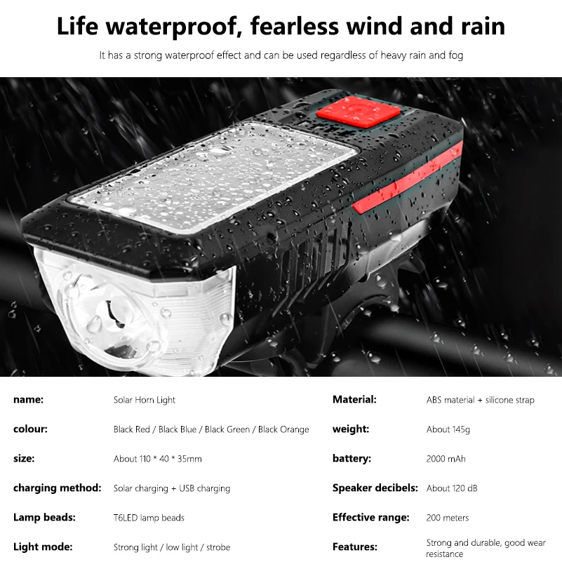 Велосипедный светильник спереди светодиодный на солнечной батарее USB