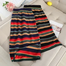 MUMUZI зима осень юбки женские вязаные цветные полосатые длинные юбки высокая талия эластичный пояс Saia Миди юбки