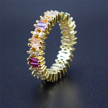 

AAA Square Cut Rainbow Cubic Zirconia Crystal Rings Women Engagement Ring Gold Round Circle Wedding Band CZ Jewelry