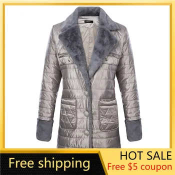 

2020 Winter Women's Down Jacket Cotton-Padded Clothes Long Fur Collar Lapel Quilted Cotton Diamond Plaid Coat Bubble Clothing