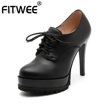 

FITWEE Sexy Women Pumps Office Ladies Round Toe High Heels Shoes Woman Sexy Party Retro Work Lace Up Footwear Size 33-43